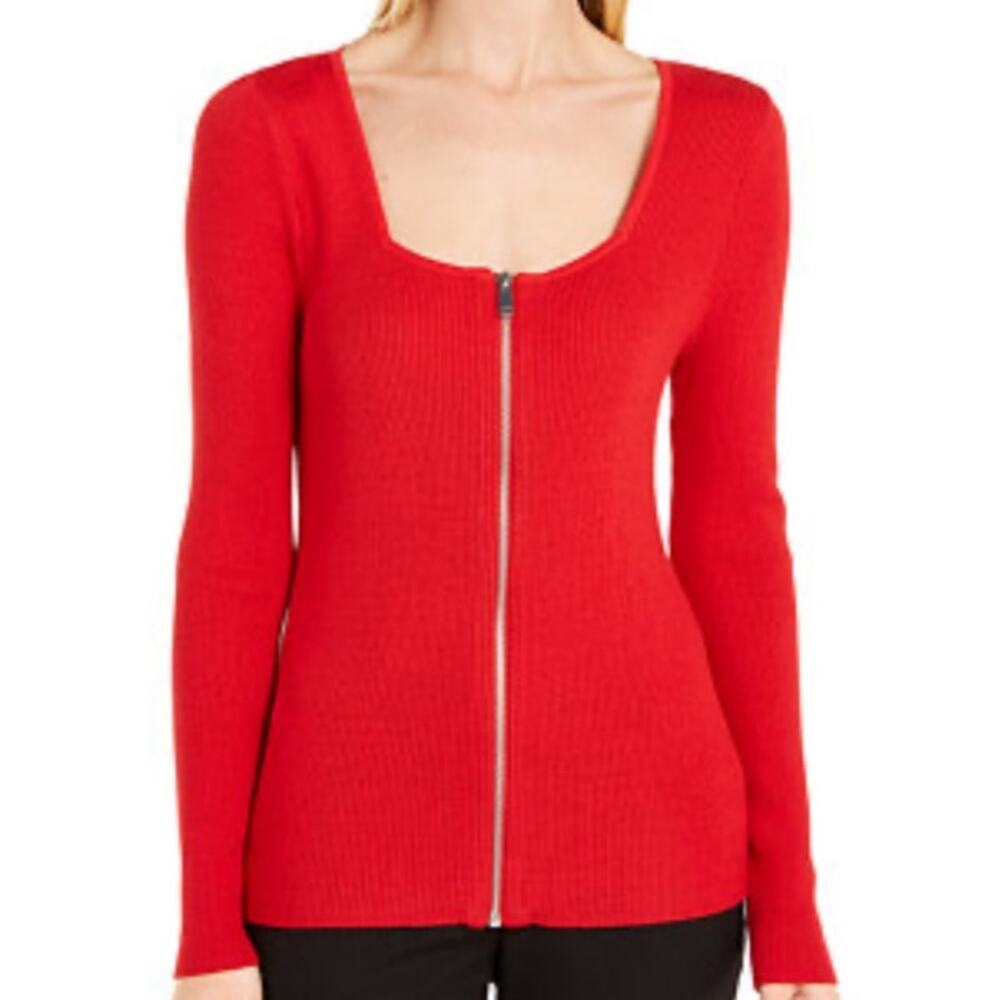 INC International Concepts INC Square Neck Zip-Front Red Sweater size L